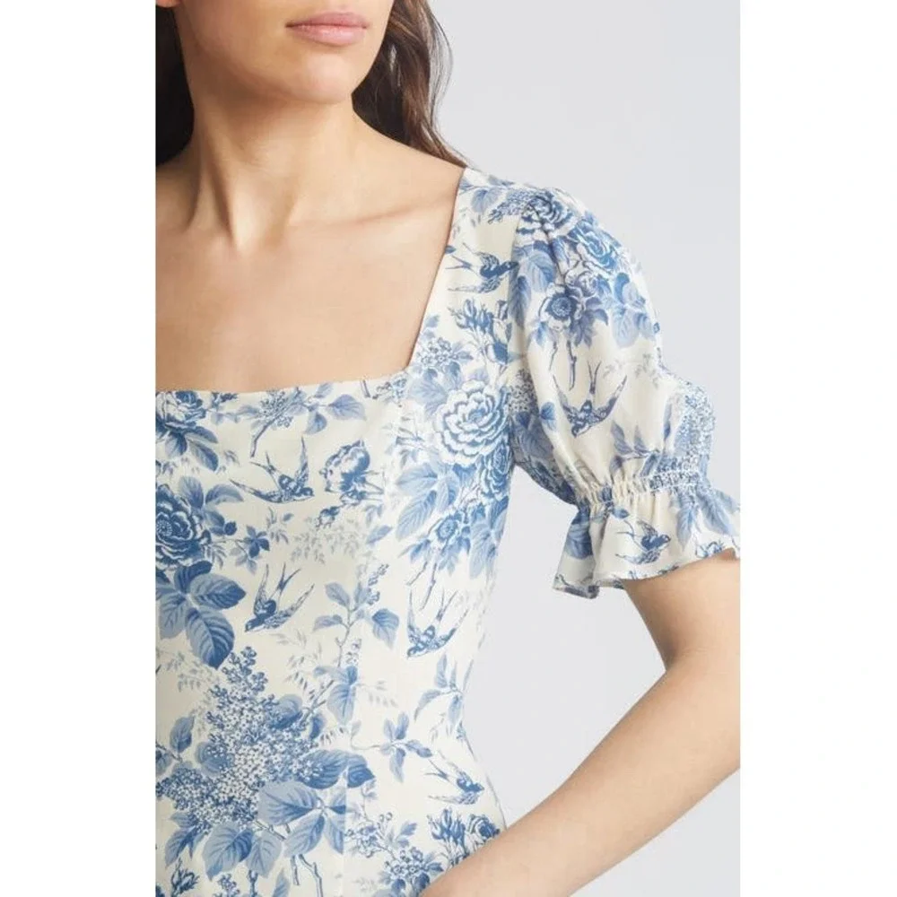 Reformation Blue White Toile Floral Puff Sleeve Constance Top Smocked Cottage 8